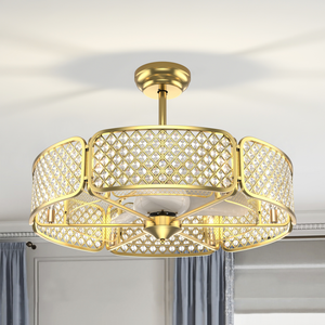 30 Inch Caged Ceiling Fan With Light Crystal Lampshade 6 Light Bases-Golden