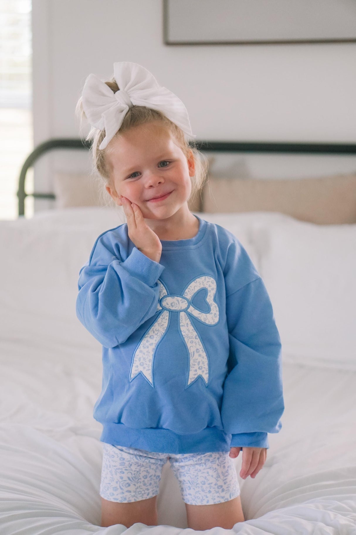 Blue Toile Applique Bow: Baby Sweatshirt Romper or Crewneck