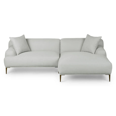 Introducing the Abisko 94.5 Right Sectional in Aurora Blue—a modern L-shaped sectional with sleek metal legs, featuring two seat cushions and two back pillows. Perfectly designed for a contemporary living room setting.