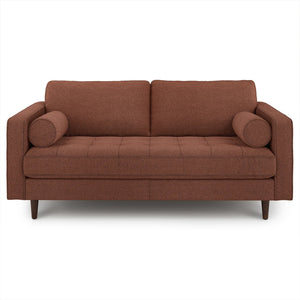The Sven 72 Tufted Loveseat Ratine Oxide is a modern piece featuring clean lines and a tufted seat. It includes two cylindrical bolster cushions and rests on four wooden legs, embodying a minimalist design that emphasizes both comfort and style.