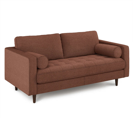 Introducing the Sven 72 Tufted Loveseat Ratine Oxide: a mid-century modern piece in a warm brown hue, featuring two square back cushions, a tufted seat, and elegantly rounded armrests. This loveseat stands on wooden legs and boasts a sleek, minimalist design.