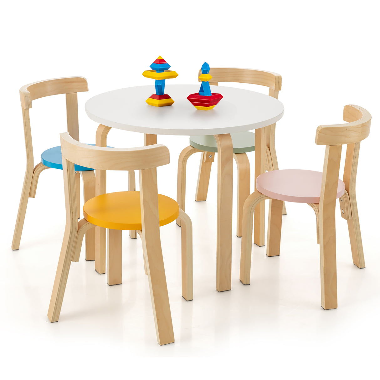 5-Piece Kids Wooden Curved Back Activity Table and Chair Set with Toy Bricks-Gray