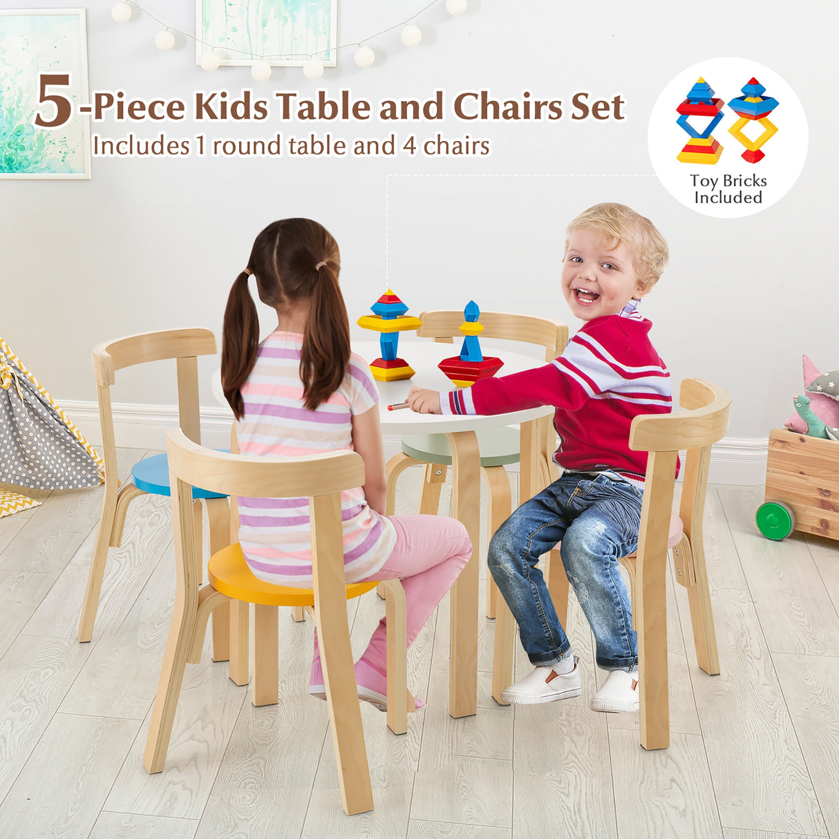 5-Piece Kids Wooden Curved Back Activity Table and Chair Set with Toy Bricks-Gray