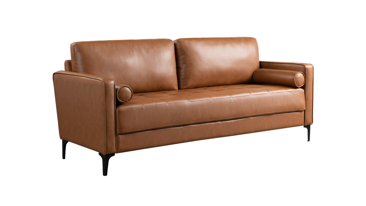 The StyleWell Goodwin Mid-Century Modern Sofa with Throw Pillows showcases a stylish brown leather design, complete with two back cushions, sleek armrests, and round decorative pillows on each side. It features a quilted seat and black tapered legs, all set against a white background.