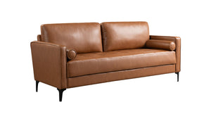 The StyleWell Goodwin Mid-Century Modern Sofa with Throw Pillows showcases a stylish brown leather design, complete with two back cushions, sleek armrests, and round decorative pillows on each side. It features a quilted seat and black tapered legs, all set against a white background.