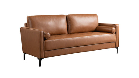 The StyleWell Goodwin Mid-Century Modern Sofa with Throw Pillows showcases a stylish brown leather design, complete with two back cushions, sleek armrests, and round decorative pillows on each side. It features a quilted seat and black tapered legs, all set against a white background.