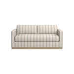 The Valencia 72" Loveseat is a white sofa adorned with vertical beige and gray stripes. It includes two cushions and features straight armrests, while the light wooden base introduces a subtle natural element to its modern design.