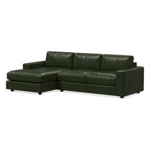 Introducing the Urban Leather 2 Piece Chaise Sectional, featuring a dark green leather finish. This stylish sectional includes three seats and a left-facing chaise lounge. Its clean, minimalist lines and black legs add to its contemporary appeal.