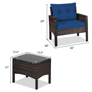 3 Pieces Outdoor Patio Rattan Conversation Set with Seat Cushions-Navy by DirectDeals