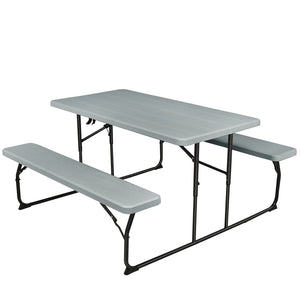Indoor and Outdoor Folding Picnic Table Bench Set with Wood-like Texture-White
