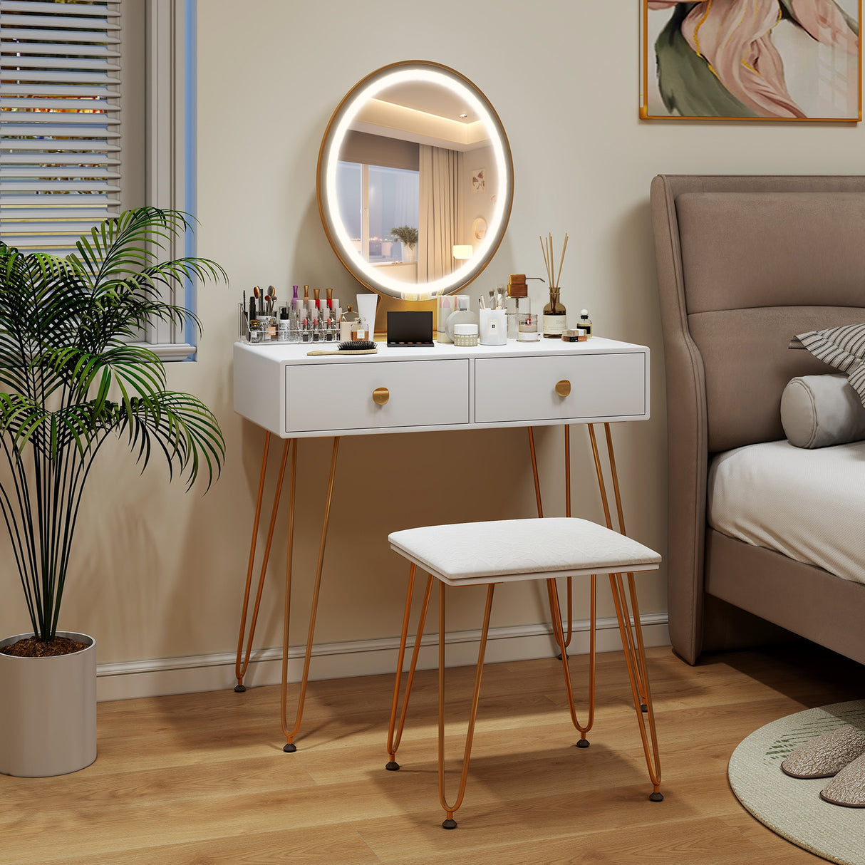 Industrial Makeup Dressing Table with 3 Lighting Modes-White