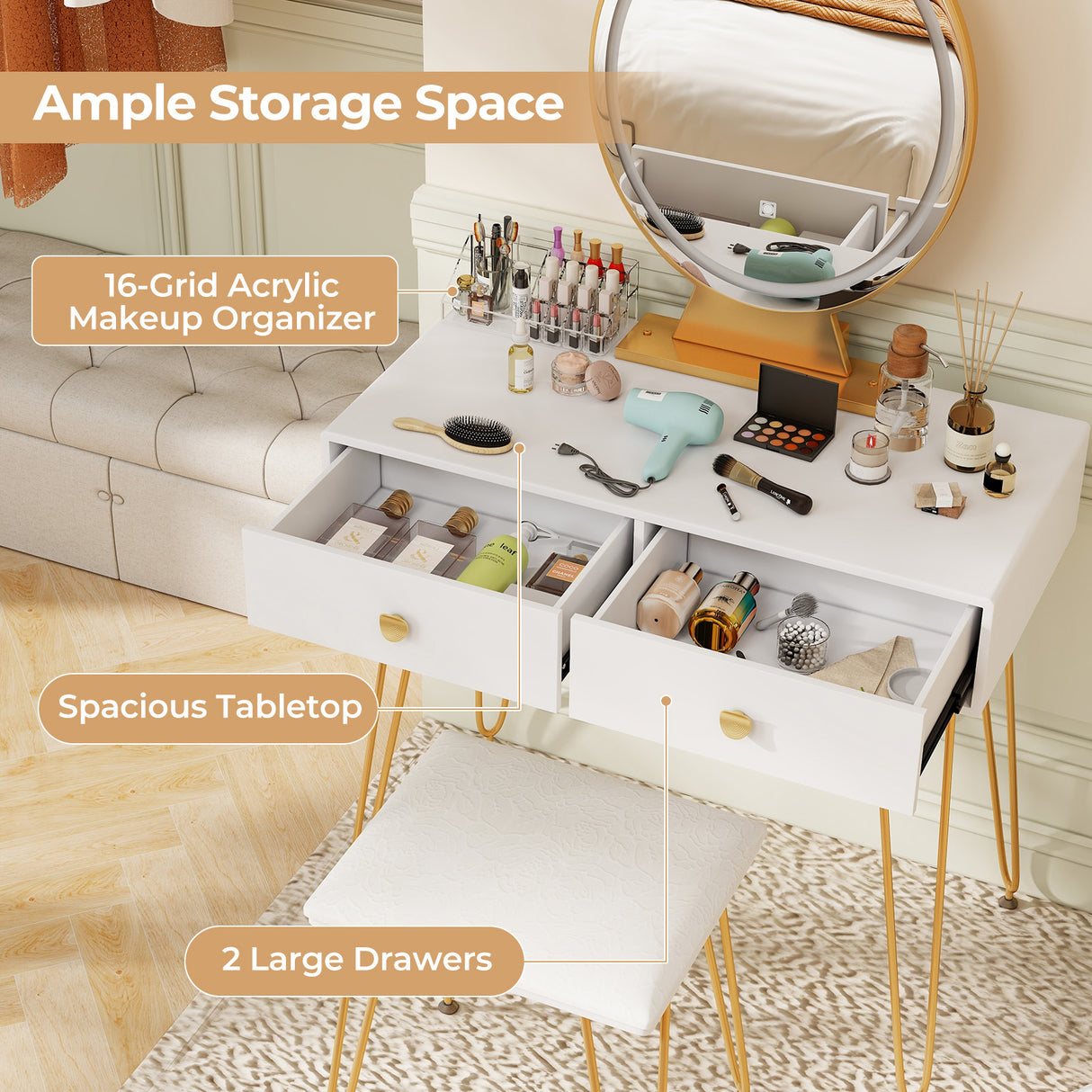 Industrial Makeup Dressing Table with 3 Lighting Modes-Rustic Brown