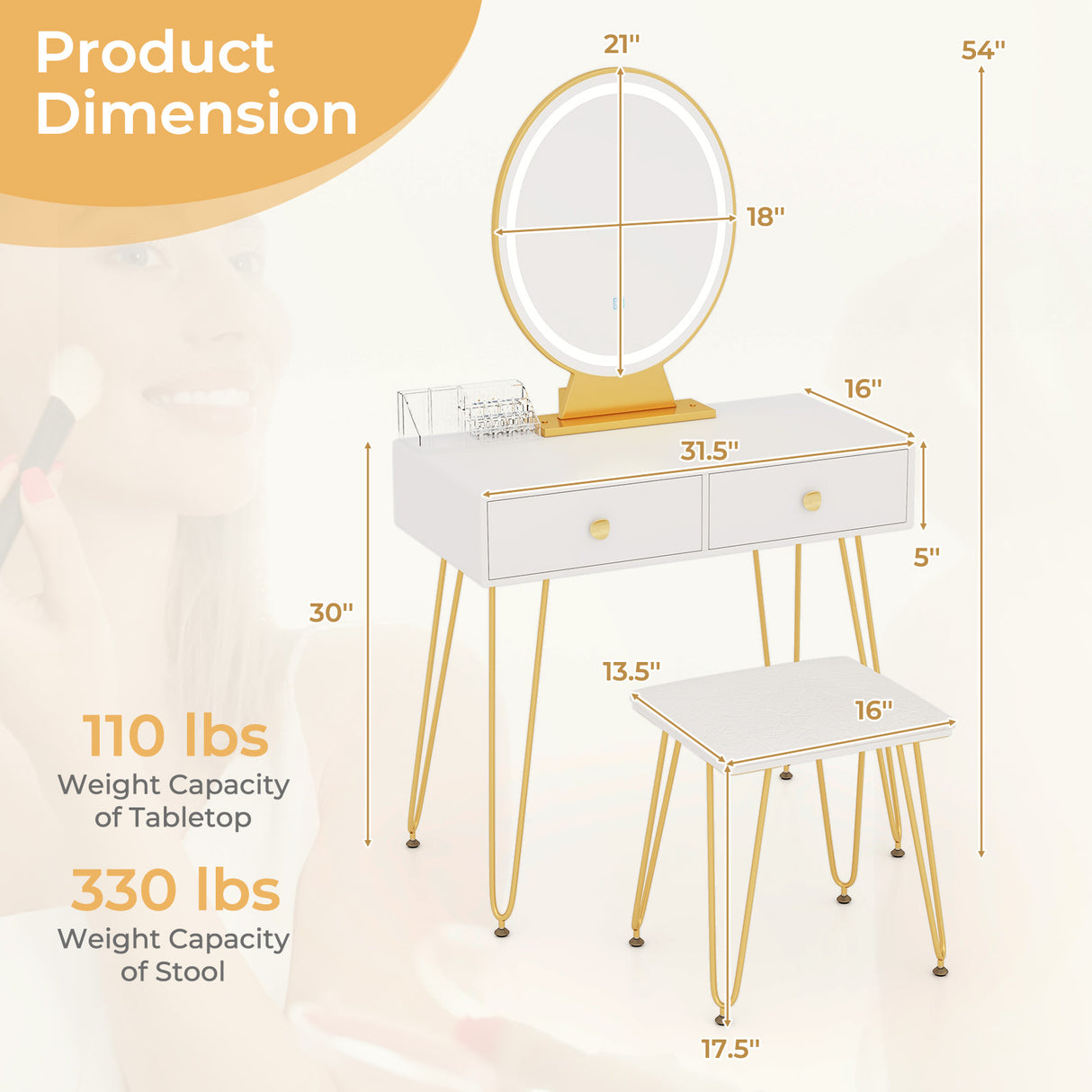 Industrial Makeup Dressing Table with 3 Lighting Modes-Rustic Brown