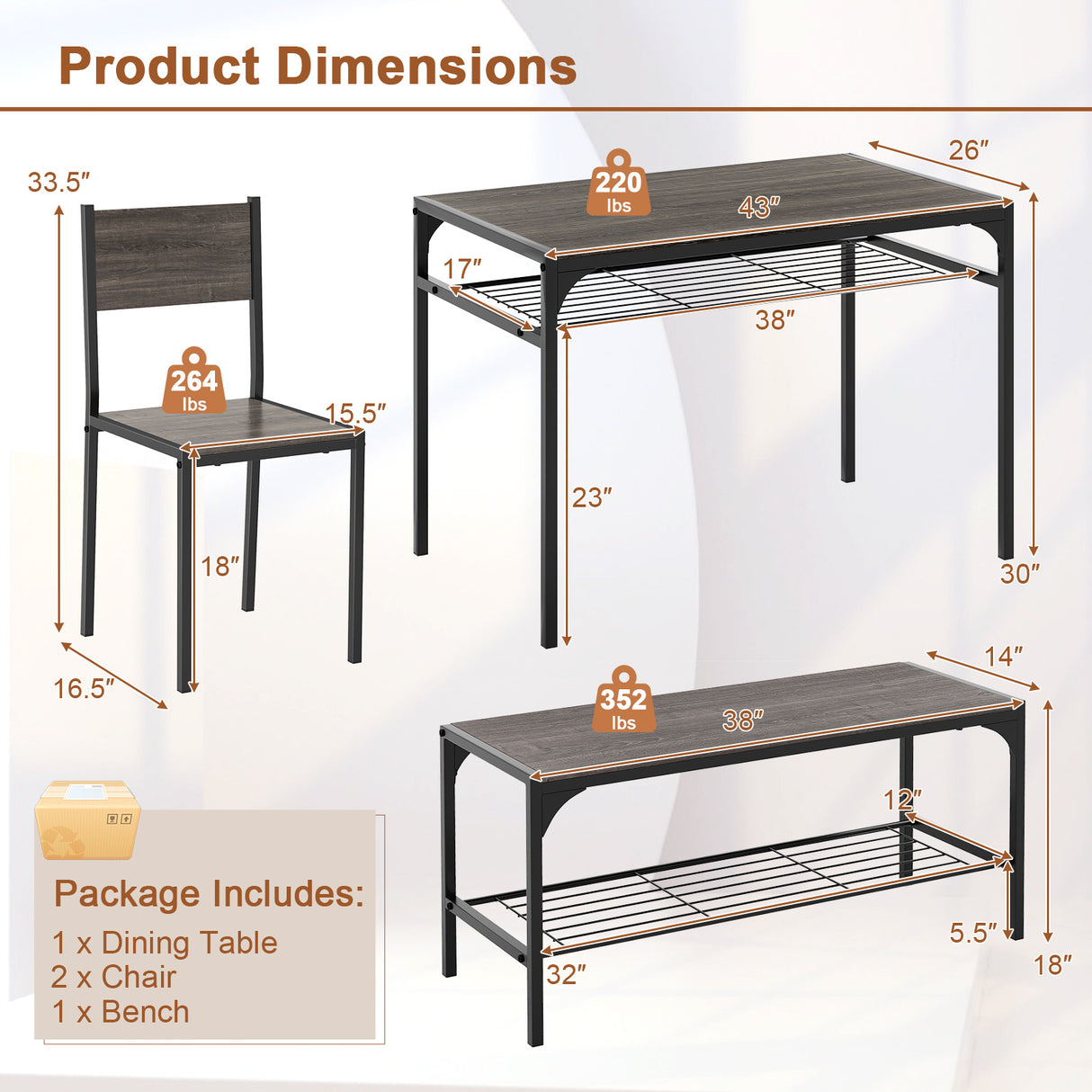 Industrial Style Rectangular Kitchen Table with Bench and Chairs-Gray