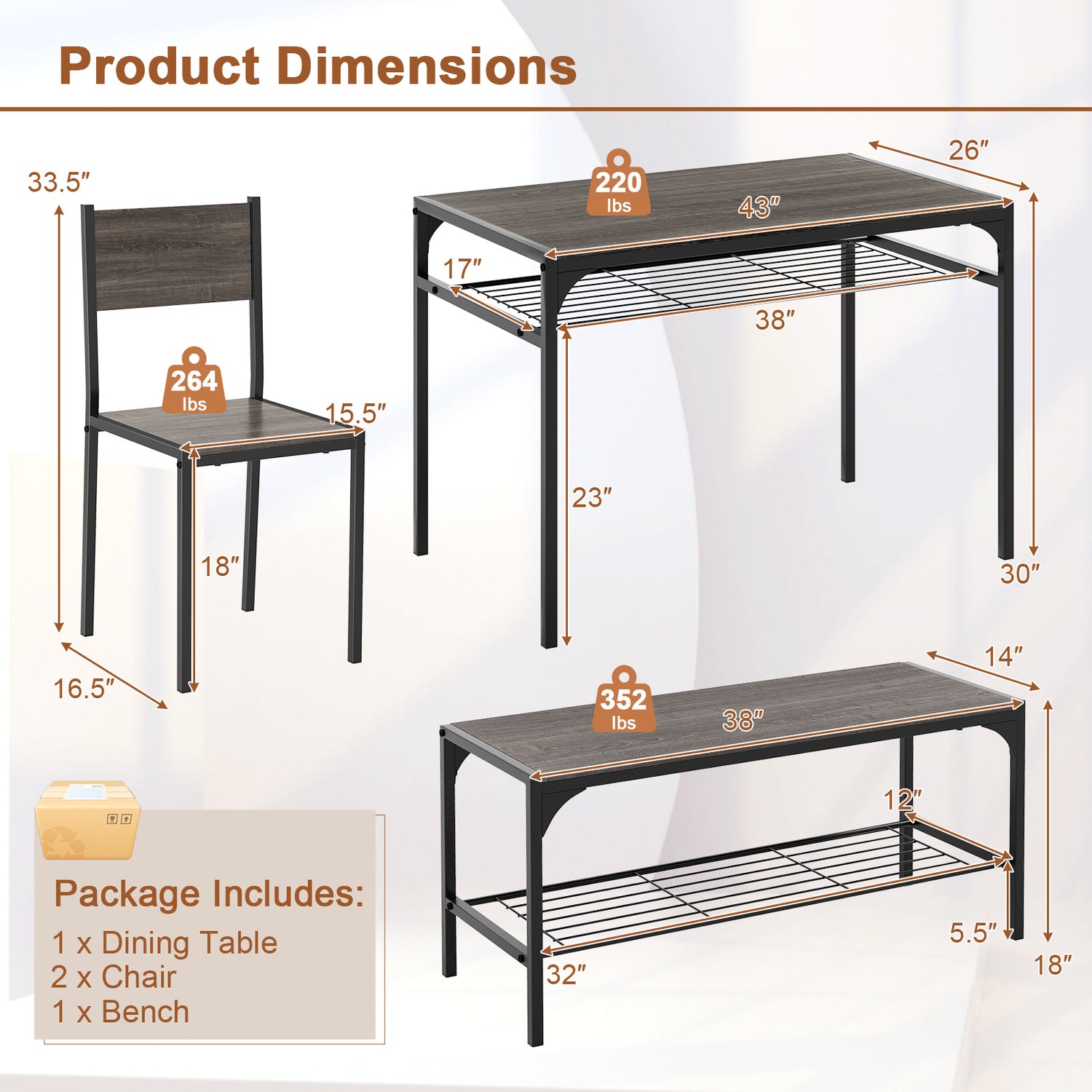 Industrial Style Rectangular Kitchen Table with Bench and Chairs-Gray
