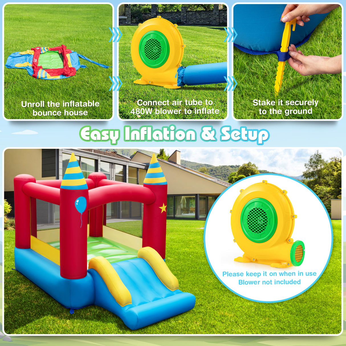 Inflatable Kids Bounce Castle with 480W Blower