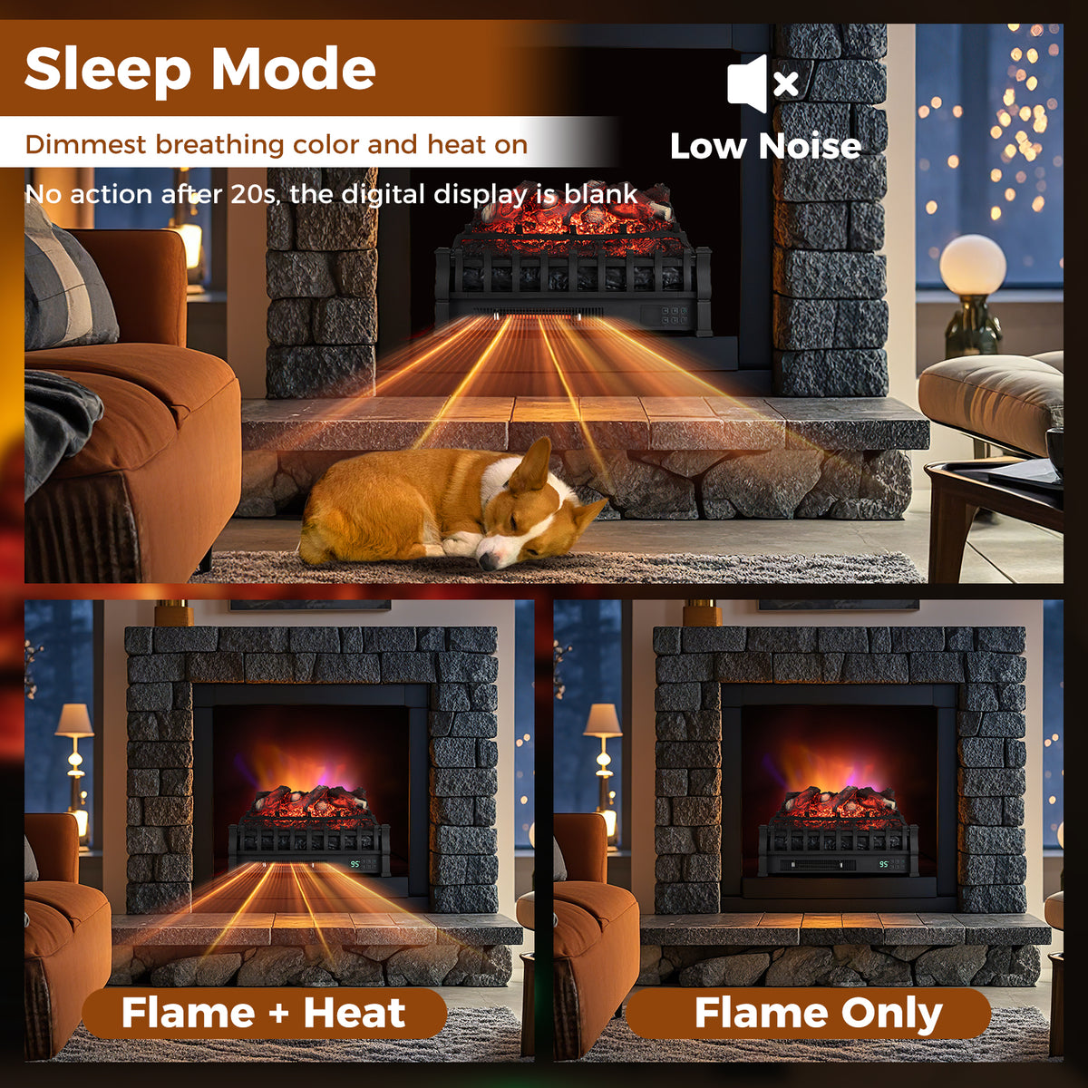 Infrared Quartz Electric Fireplace with Adjustable 3D Flame Colors and Overheat Protection-Black
