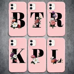 Initial Letter Silicon Phone Case For Iphone  12 Pro Max Retro Pink Flower Soft Back Cover Compatible With Iphone Case Soft Touch Cute Pink Silicone Back Cover For Iphone