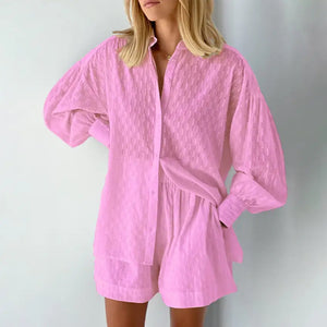 Lantern Sleeve Loose Shirt and Short Set 2 Piece Outfits