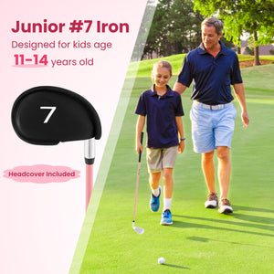 Junior #7 Iron for Kids with Fiberglass Shaft and Headcover-Pink