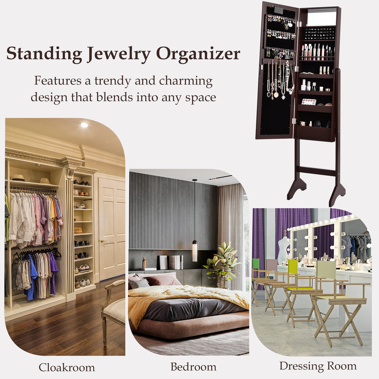 Mirrored Jewelry Cabinet Armoire Organizer w/ LED lights-Black