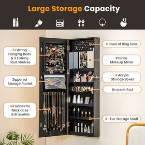 Mirrored Jewelry Armoire with Full Length Mirror and 2 Internal LED Lights-Black