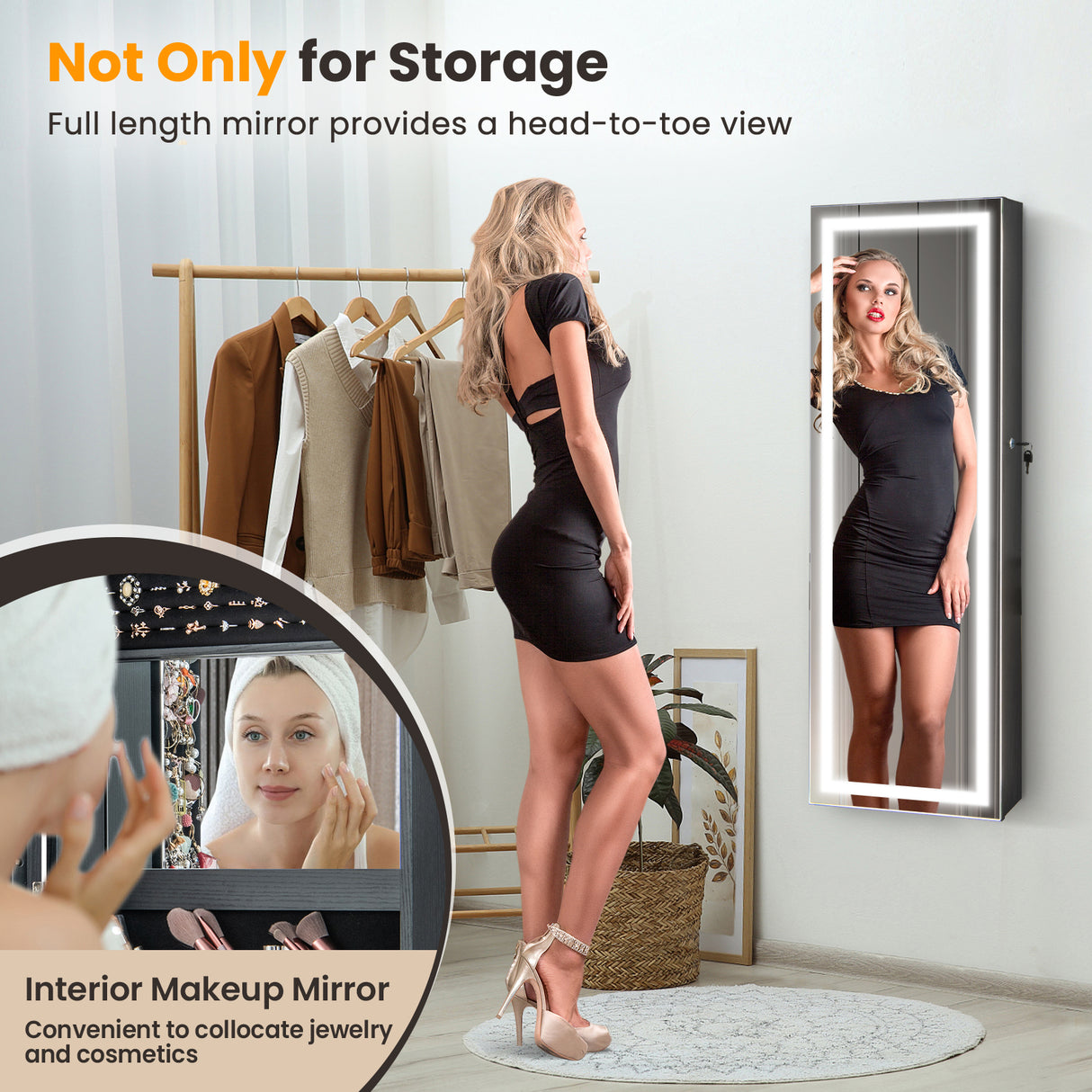 Mirrored Jewelry Armoire with Full Length Mirror and 2 Internal LED Lights-Black