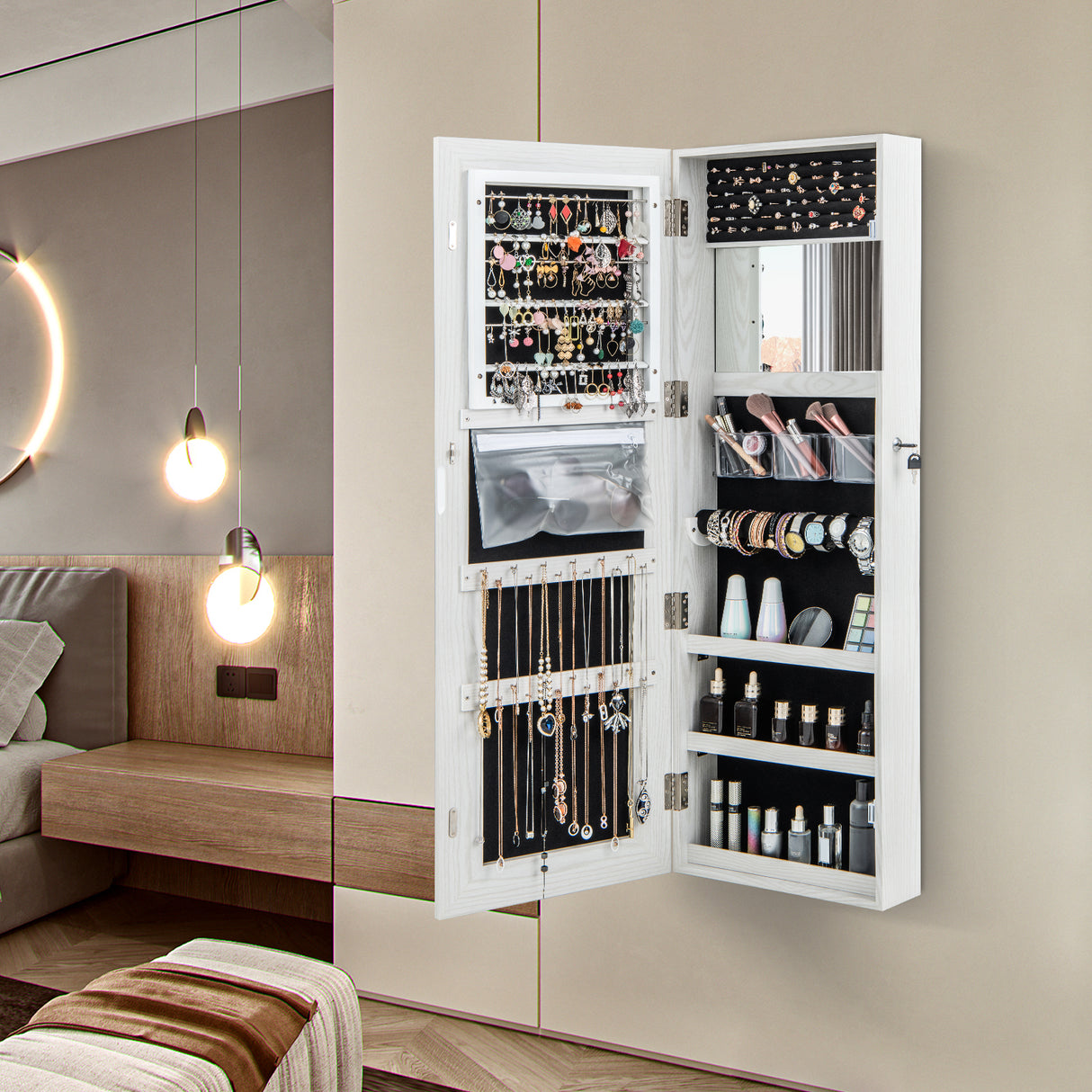 Mirrored Jewelry Armoire with Full Length Mirror and 2 Internal LED Lights-Black