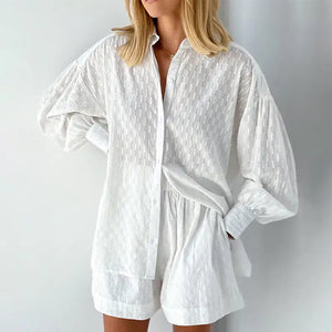 Lantern Sleeve Loose Shirt and Short Set 2 Piece Outfits