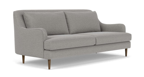 Introducing the Kaydan Sofa, a contemporary piece in a stylish gray hue featuring two seat cushions, two back cushions, and elegantly curved armrests. It boasts sleek wooden legs and a clean, minimalist design.