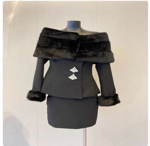 Off-Shoulder Faux Fur Coat & Skirt Set