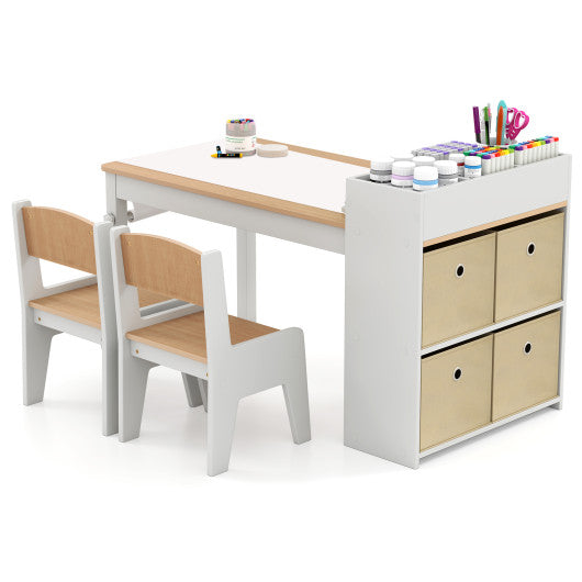 Kids Art Table and Chairs Set with 2 Chairs and Paper Roll-Natural