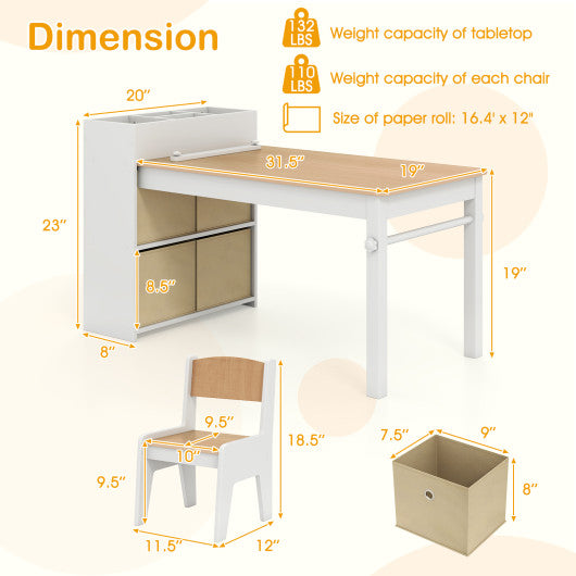 Kids Art Table and Chairs Set with 2 Chairs and Paper Roll-Natural