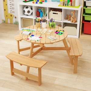 Kids Outdoor Wooden Picnic Table and Bench Set with Umbrella Hole-Natural