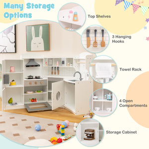 Corner Kids Play Kitchen with Washing Machine and Ice Maker Gift for Boys Girls-White