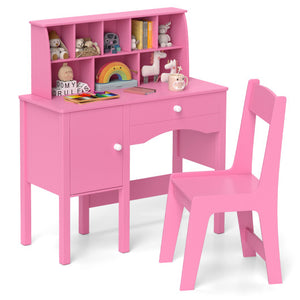 Kids Study Desk and Chair Set with Chair Hutch and Storage Cabinet for 3+ Years Old-Pink