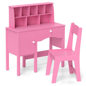 Kids Study Desk and Chair Set with Chair Hutch and Storage Cabinet for 3+ Years Old-Pink