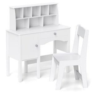 Kids Study Desk and Chair Set with Chair Hutch and Storage Cabinet for 3+ Years Old-White