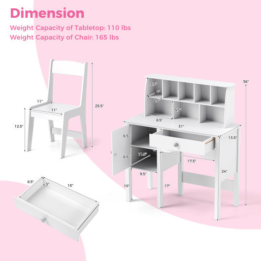 Kids Study Desk and Chair Set with Chair Hutch and Storage Cabinet for 3+ Years Old-White