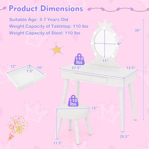 Kids Vanity Set with Lighted Mirror with Adjustable Brightness and Large Drawer-White