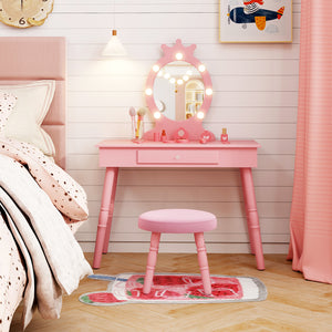 Kids Vanity Set with Lighted Mirror with Adjustable Brightness and Large Drawer-Pink