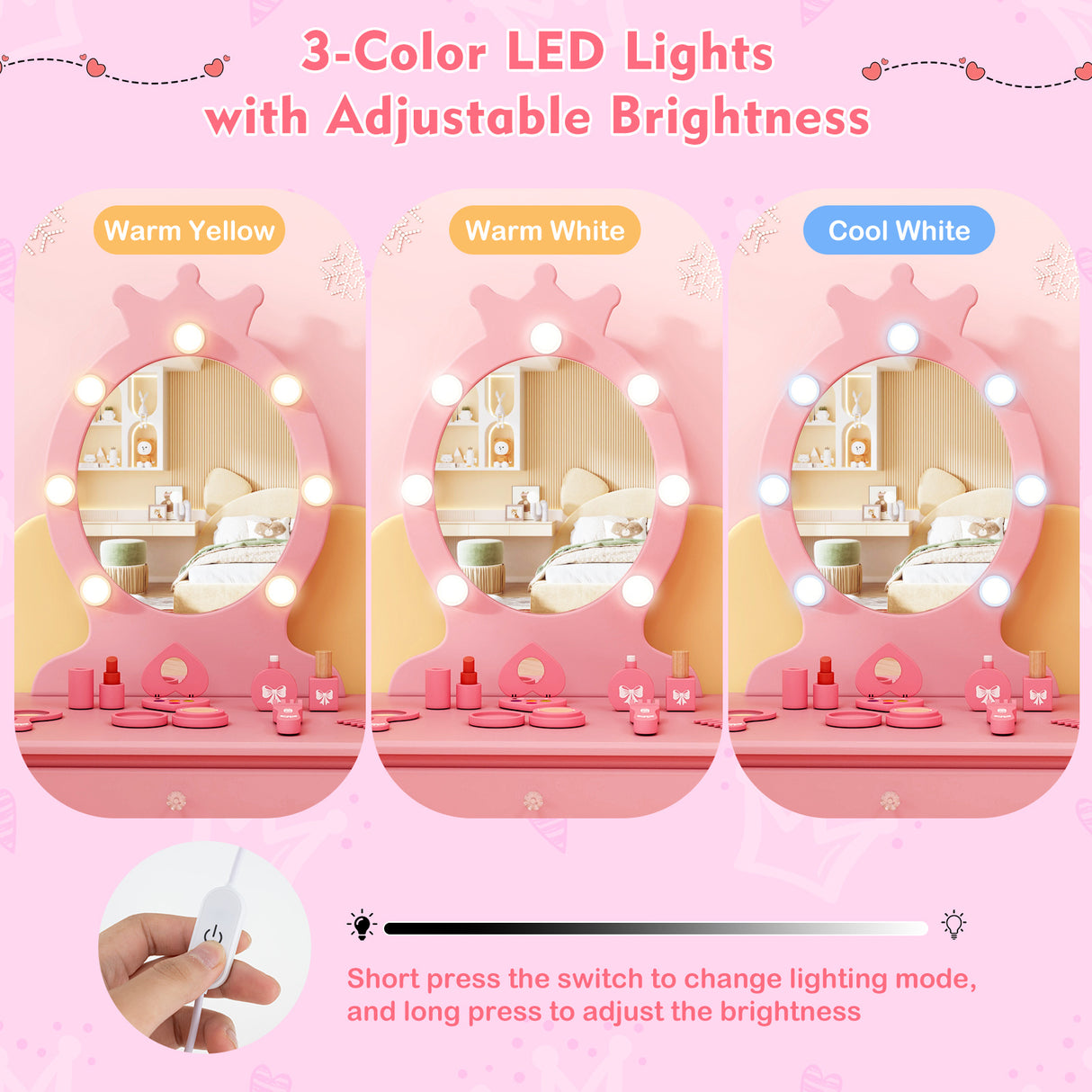 Kids Vanity Set with Lighted Mirror with Adjustable Brightness and Large Drawer-Pink