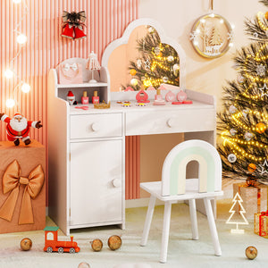 Kids Vanity Table and Chair Set with Cloud-shaped Mirror and Open Shelf-White