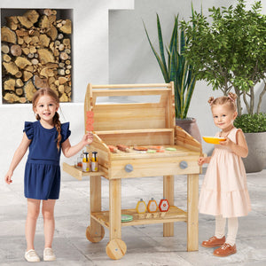 Kids Wooden Barbecue Grill Playset Pretend Kitchen with Food and Wheels-Natural