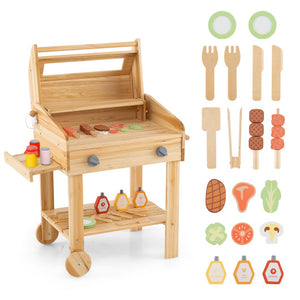 Kids Wooden Barbecue Grill Playset Pretend Kitchen with Food and Wheels-Natural