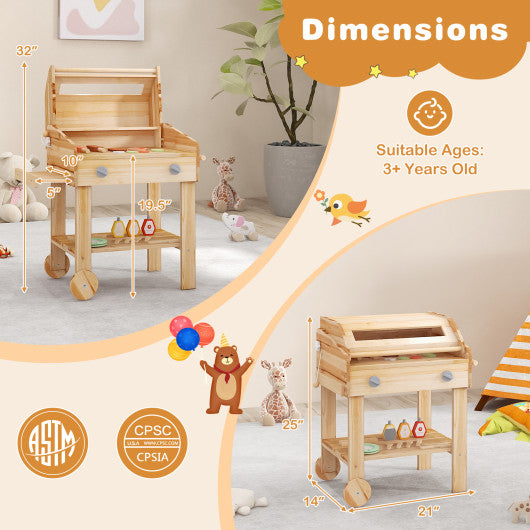 Kids Wooden Barbecue Grill Playset Pretend Kitchen with Food and Wheels-Natural
