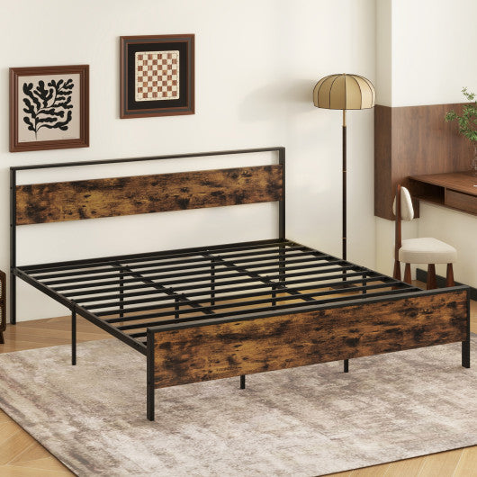 King Metal Bed Frame Industrial Platform Bed with Wooden Headboard-King Size