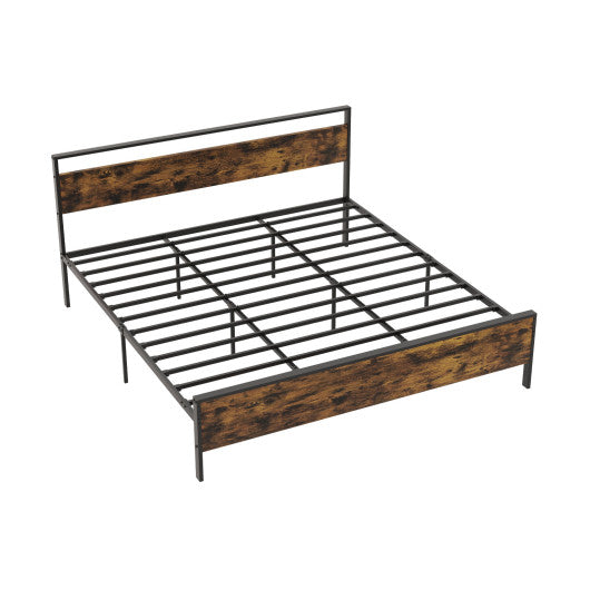 King Metal Bed Frame Industrial Platform Bed with Wooden Headboard-King Size