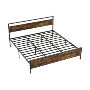 King Metal Bed Frame Industrial Platform Bed with Wooden Headboard-King Size