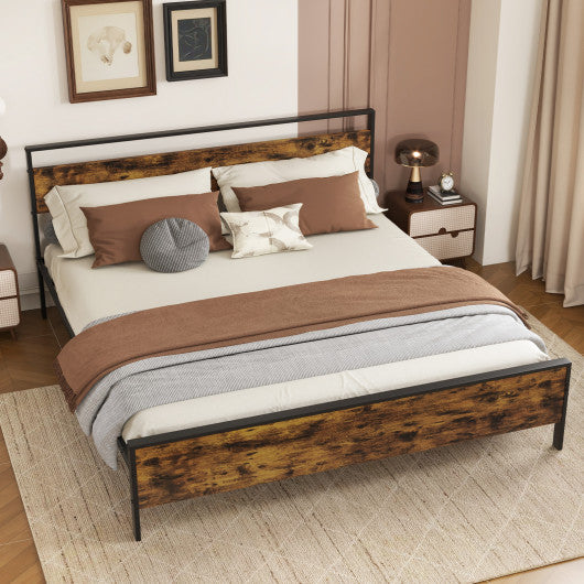 King Metal Bed Frame Industrial Platform Bed with Wooden Headboard-King Size